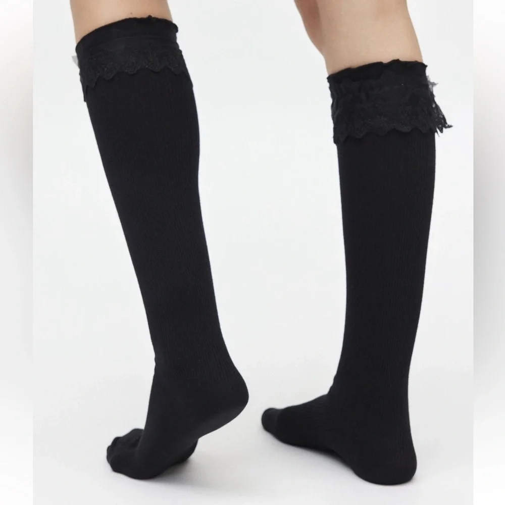 NWT Urban Outfitters Lace Ruffle Black Ribbed Knee High Sock